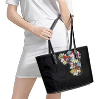 Hawaiian and Japanese Together Leather Tote Bag Colorful Traditional Japanese Tattoo and Kakau Pattern Black Color LT03 - Polynesian Pride