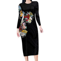 Hawaiian and Japanese Together Long Sleeve Bodycon Dress Colorful Traditional Japanese Tattoo and Kakau Pattern Black Color LT03 Long Dress Black - Polynesian Pride