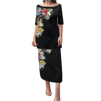 Hawaiian and Japanese Together Puletasi Colorful Traditional Japanese Tattoo and Kakau Pattern Black Color LT03 Long Dress Black - Polynesian Pride