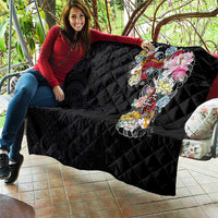 Hawaiian and Japanese Together Quilt Colorful Traditional Japanese Tattoo and Kakau Pattern Black Color LT03 - Polynesian Pride