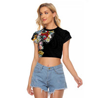 Hawaiian and Japanese Together Raglan Cropped T Shirt Colorful Traditional Japanese Tattoo and Kakau Pattern Black Color LT03 Female Black - Polynesian Pride