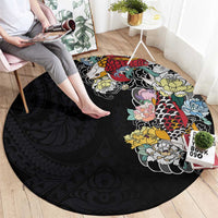 Hawaiian and Japanese Together Round Carpet Colorful Traditional Japanese Tattoo and Kakau Pattern Black Color LT03 - Polynesian Pride