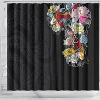 Hawaiian and Japanese Together Shower Curtain Colorful Traditional Japanese Tattoo and Kakau Pattern Black Color LT03 - Polynesian Pride