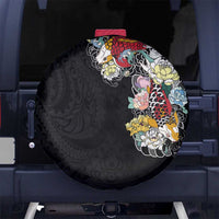 Hawaiian and Japanese Together Spare Tire Cover Colorful Traditional Japanese Tattoo and Kakau Pattern Black Color LT03 - Polynesian Pride