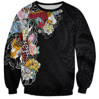 Hawaiian and Japanese Together Sweatshirt Colorful Traditional Japanese Tattoo and Kakau Pattern Black Color LT03 Unisex Black - Polynesian Pride