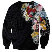 Hawaiian and Japanese Together Sweatshirt Colorful Traditional Japanese Tattoo and Kakau Pattern Black Color LT03 - Polynesian Pride