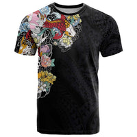 Hawaiian and Japanese Together T Shirt Colorful Traditional Japanese Tattoo and Kakau Pattern Black Color LT03 Black - Polynesian Pride