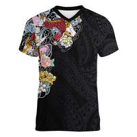 Hawaiian and Japanese Together Women V-Neck T-Shirt Colorful Traditional Japanese Tattoo and Kakau Pattern Black Color LT03 Female Black - Polynesian Pride