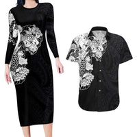 Hawaiian and Japanese Together Couples Matching Long Sleeve Bodycon Dress and Hawaiian Shirt Japanese Koi Fish Tattoo and Kakau Pattern Black Color LT03 Black - Polynesian Pride