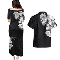 Hawaiian and Japanese Together Couples Matching Puletasi and Hawaiian Shirt Japanese Koi Fish Tattoo and Kakau Pattern Black Color LT03 - Polynesian Pride