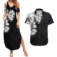 Hawaiian and Japanese Together Couples Matching Summer Maxi Dress and Hawaiian Shirt Japanese Koi Fish Tattoo and Kakau Pattern Black Color