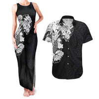 Hawaiian and Japanese Together Couples Matching Tank Maxi Dress and Hawaiian Shirt Japanese Koi Fish Tattoo and Kakau Pattern Black Color
