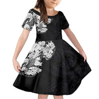 Hawaiian and Japanese Together Family Matching Off Shoulder Maxi Dress and Hawaiian Shirt Japanese Koi Fish Tattoo and Kakau Pattern Black Color LT03 Daughter's Dress Black - Polynesian Pride