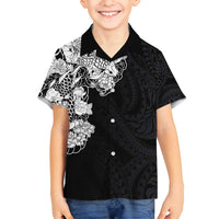 Hawaiian and Japanese Together Family Matching Off Shoulder Maxi Dress and Hawaiian Shirt Japanese Koi Fish Tattoo and Kakau Pattern Black Color LT03 Son's Shirt Black - Polynesian Pride