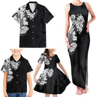 Hawaiian and Japanese Together Family Matching Tank Maxi Dress and Hawaiian Shirt Japanese Koi Fish Tattoo and Kakau Pattern Black Color