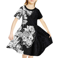 Hawaiian and Japanese Together Kid Short Sleeve Dress Japanese Koi Fish Tattoo and Kakau Pattern Black Color LT03 - Polynesian Pride