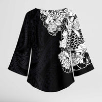 Hawaiian and Japanese Together Kimono Sleeve Blouse Japanese Koi Fish Tattoo and Kakau Pattern Black Color LT03 - Polynesian Pride