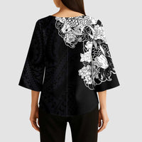 Hawaiian and Japanese Together Kimono Sleeve Blouse Japanese Koi Fish Tattoo and Kakau Pattern Black Color LT03 - Polynesian Pride