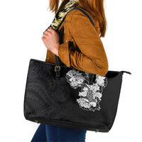 Hawaiian and Japanese Together Leather Tote Bag Japanese Koi Fish Tattoo and Kakau Pattern Black Color LT03 Black - Polynesian Pride