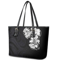 Hawaiian and Japanese Together Leather Tote Bag Japanese Koi Fish Tattoo and Kakau Pattern Black Color LT03 - Polynesian Pride