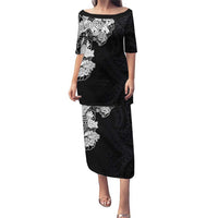 Hawaiian and Japanese Together Puletasi Japanese Koi Fish Tattoo and Kakau Pattern Black Color LT03 Long Dress Black - Polynesian Pride