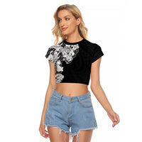 Hawaiian and Japanese Together Raglan Cropped T Shirt Japanese Koi Fish Tattoo and Kakau Pattern Black Color LT03 Female Black - Polynesian Pride
