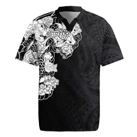 Hawaiian and Japanese Together Rugby Jersey Japanese Koi Fish Tattoo and Kakau Pattern Black Color LT03 Black - Polynesian Pride