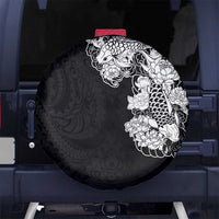 Hawaiian and Japanese Together Spare Tire Cover Japanese Koi Fish Tattoo and Kakau Pattern Black Color LT03 - Polynesian Pride