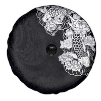 Hawaiian and Japanese Together Spare Tire Cover Japanese Koi Fish Tattoo and Kakau Pattern Black Color LT03 - Polynesian Pride