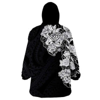 Hawaiian and Japanese Together Wearable Blanket Hoodie Japanese Koi Fish Tattoo and Kakau Pattern Black Color LT03 - Polynesian Pride