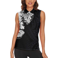 Hawaiian and Japanese Together Women Sleeveless Polo Shirt Japanese Koi Fish Tattoo and Kakau Pattern Black Color LT03 - Polynesian Pride