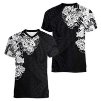 Hawaiian and Japanese Together Women V-Neck T-Shirt Japanese Koi Fish Tattoo and Kakau Pattern Black Color LT03 - Polynesian Pride