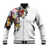 Hawaiian and Japanese Together Baseball Jacket Colorful Traditional Japanese Tattoo and Kakau Pattern White Color LT03 Unisex White - Polynesian Pride