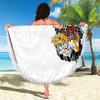 Hawaiian and Japanese Together Beach Blanket Colorful Traditional Japanese Tattoo and Kakau Pattern White Color LT03 - Polynesian Pride