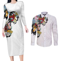 Hawaiian and Japanese Together Couples Matching Long Sleeve Bodycon Dress and Long Sleeve Button Shirt Colorful Traditional Japanese Tattoo and Kakau Pattern White Color