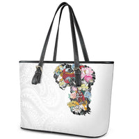 Hawaiian and Japanese Together Leather Tote Bag Colorful Traditional Japanese Tattoo and Kakau Pattern White Color LT03 - Polynesian Pride