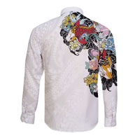 Hawaiian and Japanese Together Long Sleeve Button Shirt Colorful Traditional Japanese Tattoo and Kakau Pattern White Color LT03 - Polynesian Pride