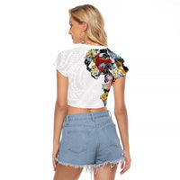 Hawaiian and Japanese Together Raglan Cropped T Shirt Colorful Traditional Japanese Tattoo and Kakau Pattern White Color LT03 - Polynesian Pride