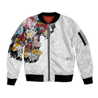 Hawaiian and Japanese Together Sleeve Zip Bomber Jacket Colorful Traditional Japanese Tattoo and Kakau Pattern White Color LT03 Unisex White - Polynesian Pride