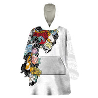 Hawaiian and Japanese Together Wearable Blanket Hoodie Colorful Traditional Japanese Tattoo and Kakau Pattern White Color LT03 One Size White - Polynesian Pride