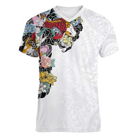 Hawaiian and Japanese Together Women V-Neck T-Shirt Colorful Traditional Japanese Tattoo and Kakau Pattern White Color LT03 Female White - Polynesian Pride