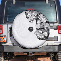 Hawaiian and Japanese Together Spare Tire Cover Japanese Koi Fish Tattoo and Kakau Pattern White Color LT03 White - Polynesian Pride
