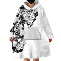Hawaiian and Japanese Together Wearable Blanket Hoodie Japanese Koi Fish Tattoo and Kakau Pattern White Color LT03 - Polynesian Pride