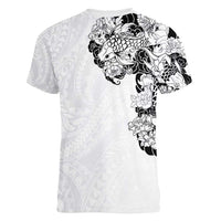 Hawaiian and Japanese Together Women V-Neck T-Shirt Japanese Koi Fish Tattoo and Kakau Pattern White Color LT03 - Polynesian Pride