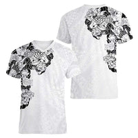 Hawaiian and Japanese Together Women V-Neck T-Shirt Japanese Koi Fish Tattoo and Kakau Pattern White Color LT03 - Polynesian Pride