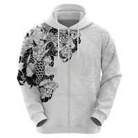 Hawaiian and Japanese Together Zip Hoodie Japanese Koi Fish Tattoo and Kakau Pattern White Color LT03 - Polynesian Pride