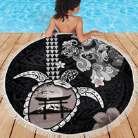 Hawaiian and Japanese Together Beach Blanket Japanese Culture and Turtle Kakau Tattoo Black Color LT03 - Polynesian Pride