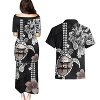 Hawaiian and Japanese Together Couples Matching Puletasi and Hawaiian Shirt Japanese Culture and Turtle Kakau Tattoo Black Color LT03 - Polynesian Pride