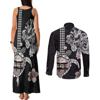 Hawaiian and Japanese Together Couples Matching Tank Maxi Dress and Long Sleeve Button Shirt Japanese Culture and Turtle Kakau Tattoo Black Color