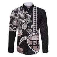 Hawaiian and Japanese Together Family Matching Off Shoulder Maxi Dress and Hawaiian Shirt Japanese Culture and Turtle Kakau Tattoo Black Color LT03 Dad's Shirt - Long Sleeve Black - Polynesian Pride